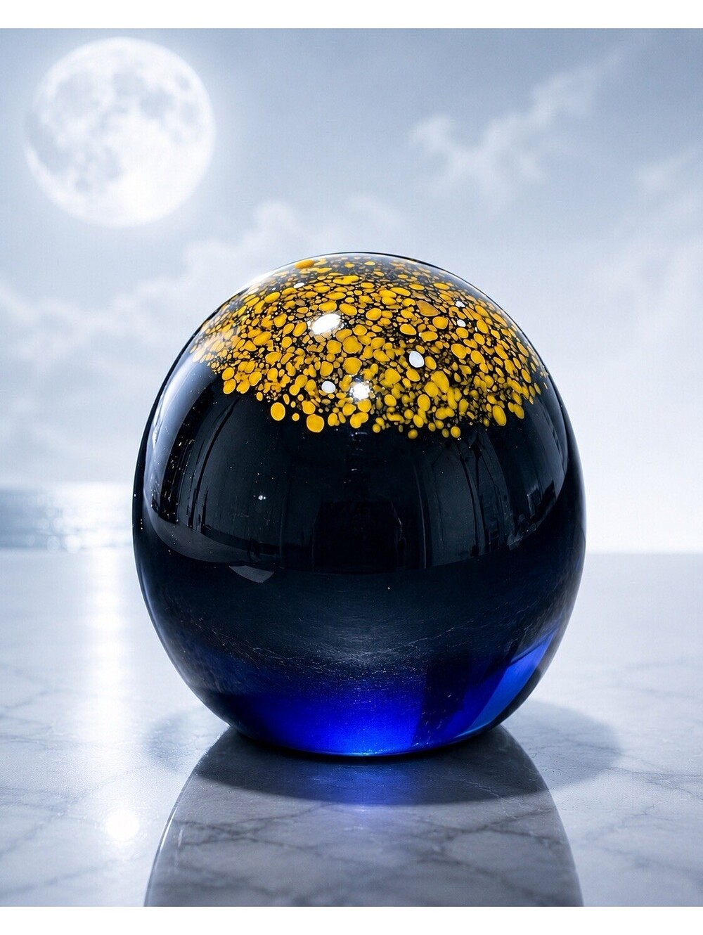 Glass Eye Studio 1990s Harvest Moon Art Glass Paperweight Blue Yellow, 3x4.5”